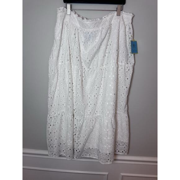 Cece Eyelet Midi A-Line Skirt Elastic Waist Lined Ivory White Women’s Plus 22W - Picture 2 of 15